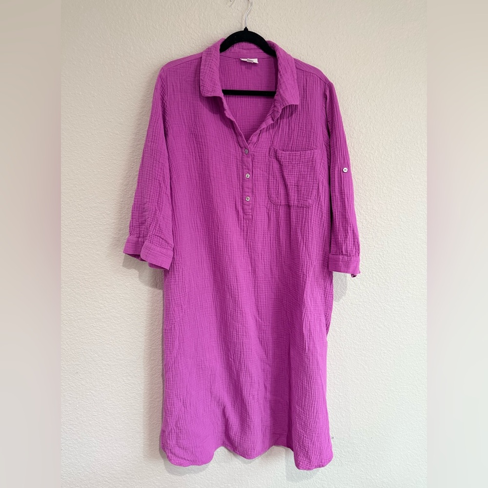 J.JILL COTTON-GAUZE ONE-POCKET SHIRTDRESS IN WILD ORCHID XL midi - Picture 2 of 6
